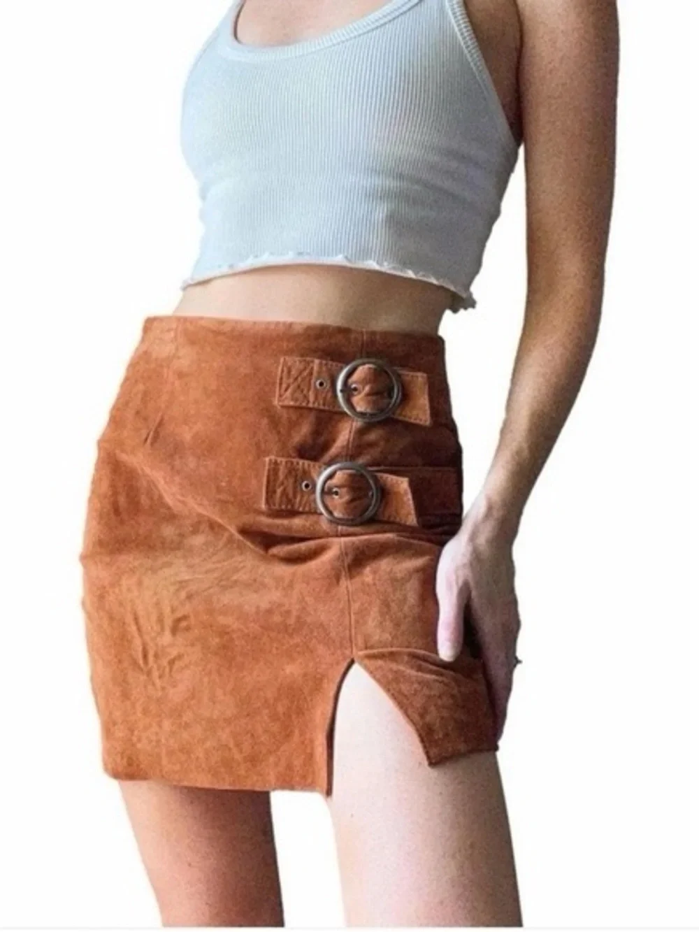 BlankNYC El Dorado Double Buckle Suede Leather Mini Skirt Size 26 Boho Western